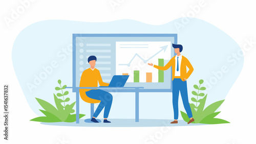 Business Presentation with Chart and Graph Analysis Teamwork and Collaboration in Office Environment Data Review and Strategy