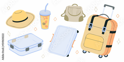 Travel Essentials Illustration Suitcase Backpack Hat Drink and Storage Containers for Vacation or Trip Preparation