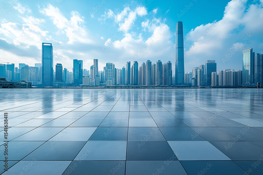 Tiled urban square with city skyline behind, perfect for architectural and creative mockups Tiled urban square with city skyline behind, perfect for architectural and creative mockups