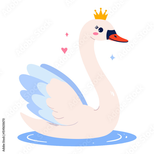 A swan with a golden crown floats on blue water surrounded by pink hearts and a blue diamond