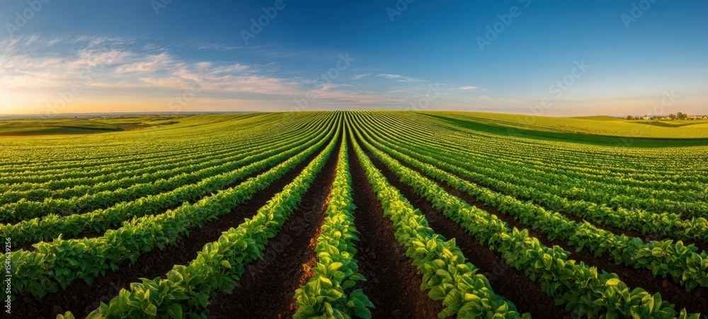 The expansive field of vibrant green crops under a clear blue sky. The expansive field of vibrant green crops under a clear blue sky.