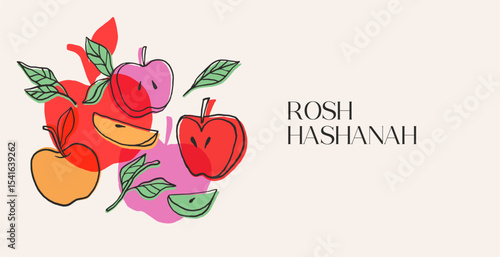 Colorful Shanah Tova vintage banner with hand drawn apples