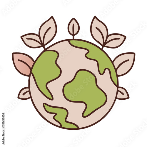 Earth globe surrounded by green leaves in a minimalist design  