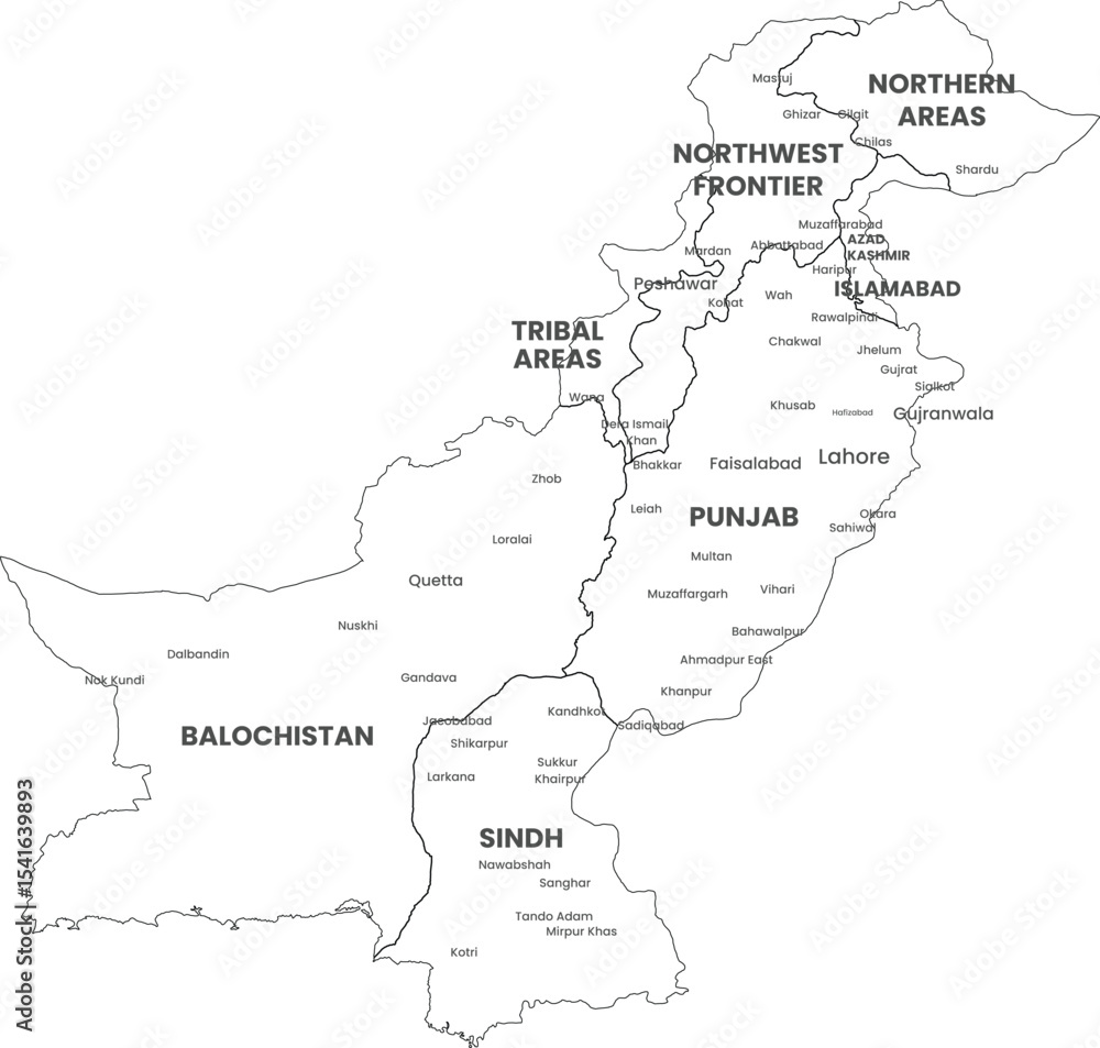 Fototapeta premium Labeled Map of Pakistan with Provinces and Major Cities 