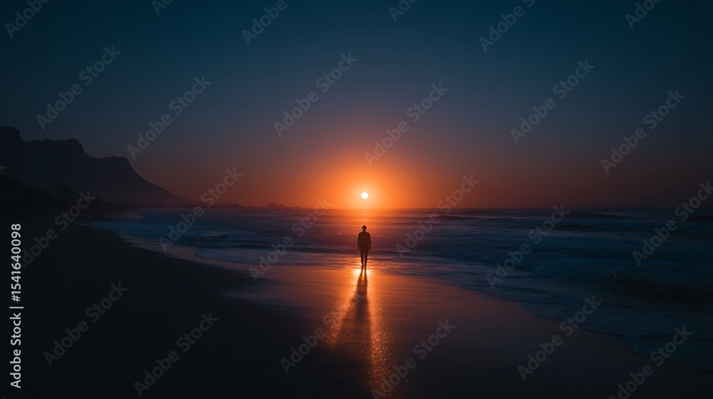 Naklejka premium A person standing alone on the beach watching a stunning sunset over the ocean at dusk.