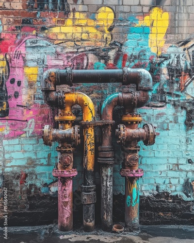 Exposed pipes with vibrant graffiti on surrounding walls in a city alley