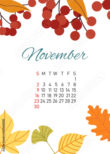 The month of November. Calendar of the month of November 2025 Rowan berries and autumn leaves on the background Vector illustration