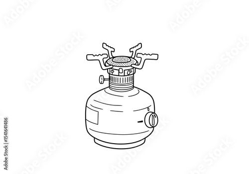 Kerosene stove drawing. It is a black and white outline image of a portable kerosene stove, an essential cooking and heating tool for camping and outdoor use. Vector sketch line art draw.