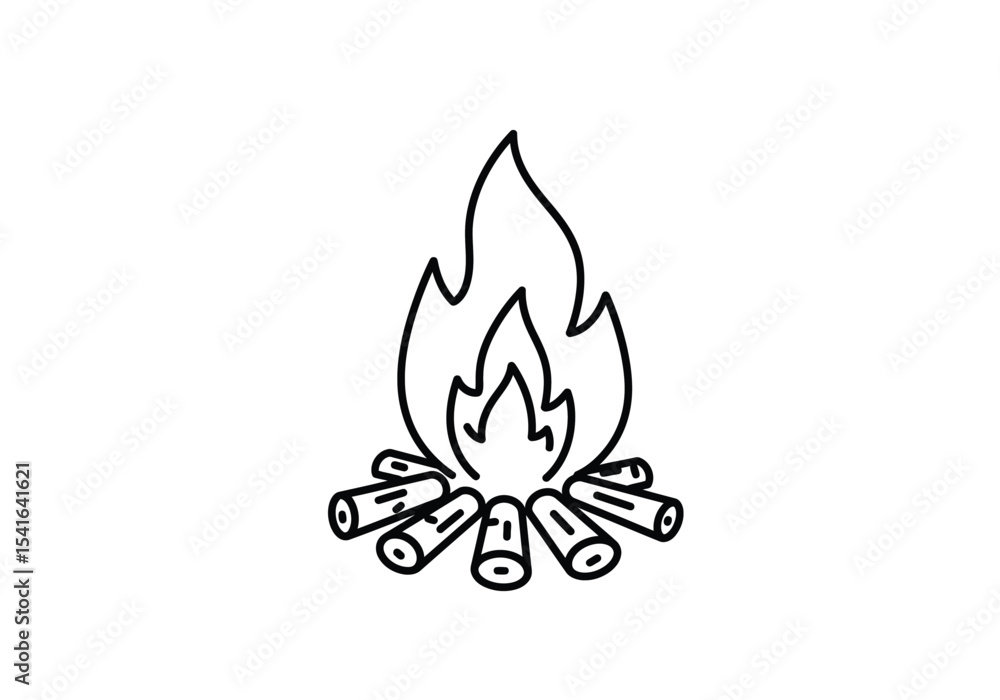 Camping fire drawing. It is a black and white outline image of a lit campfire with burning logs, representing warmth, outdoor adventure, and nature. Vector sketch line art draw. Camping fire drawing. It is a black and white outline image of a lit campfire with burning logs, representing warmth, outdoor adventure, and nature. Vector sketch line art draw.