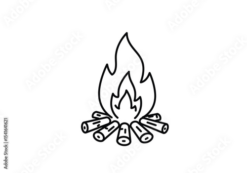 Camping fire drawing. It is a black and white outline image of a lit campfire with burning logs, representing warmth, outdoor adventure, and nature. Vector sketch line art draw.