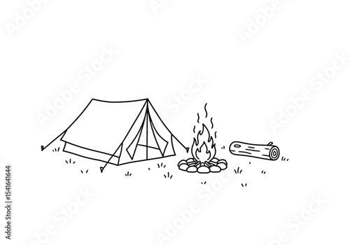 Camping scene drawing. It is a black and white outline image of a tent, campfire, and log, depicting a simple and inviting outdoor wilderness scene. Vector sketch line art draw.