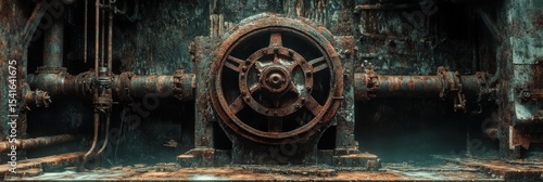 Old mechanical water pump surrounded by corroded pipes