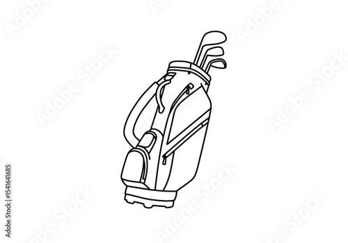 Golf bag drawing. It is a black and white outline image of a golf bag filled with various clubs, representing the sport and its equipment. Vector sketch line art draw.