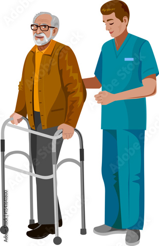 caregiver helps patient walk with walker
