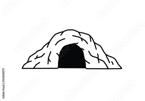 Lion den drawing. It is a black and white outline image of a lion's den, a cave or shelter, representing a wild animal's natural habitat or home. Vector sketch line art draw.