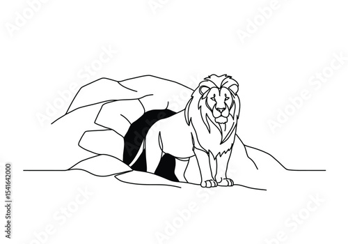 Lion house drawing. It is a black and white outline image of a lion standing proudly outside its den, a cave or shelter, representing its habitat. Vector sketch line art draw.