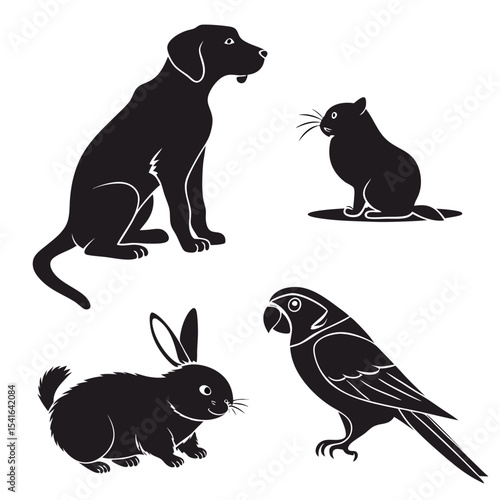Black silhouette illustration of dog cat rabbit and parrot representing domesticated animals