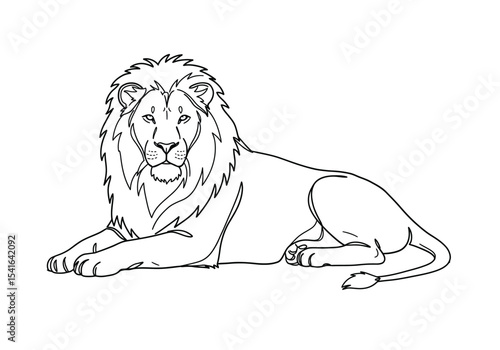 Lion laying down drawing. It is a black and white outline image of a lion resting, a calm and majestic wild cat, depicted in a relaxed pose. Vector sketch line art draw.