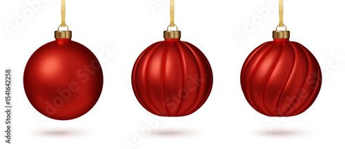 Christmas red bauble set PNG. Classic festive holiday decor bright sphere toy with loop for hanged isolated. 3D Realistic vector illustration.