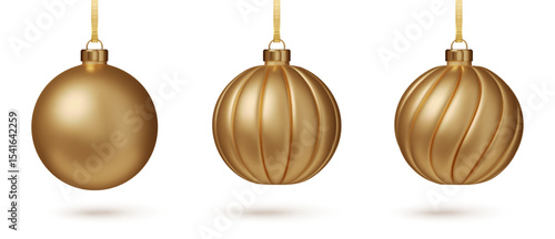 Christmas golden bauble set PNG. Classic festive holiday decor bright sphere toy with loop for hanged isolated. 3D Realistic vector illustration.