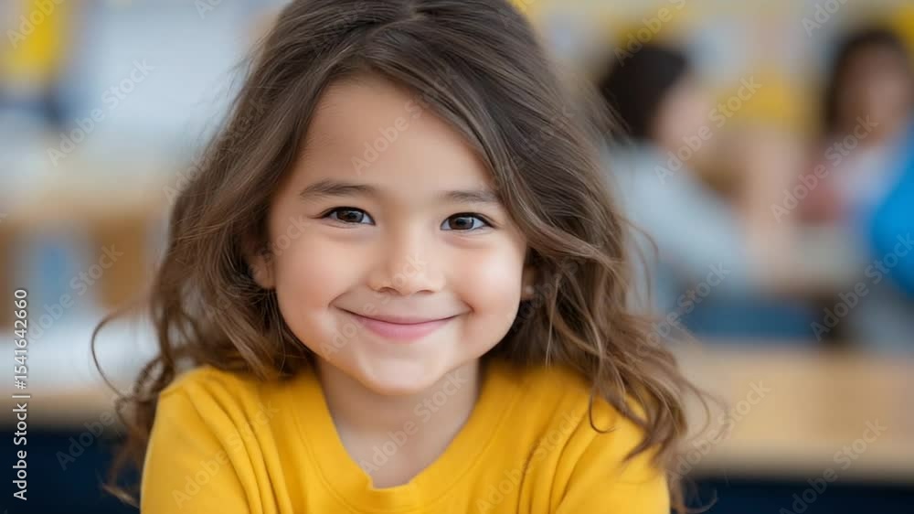 Happy Hispanic girl in classroom with bright smile and colorful decor Happy Hispanic girl in classroom with bright smile and colorful decor