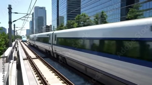 A high speed train moving quickly past modern buildings on a sunny day in an urban environment