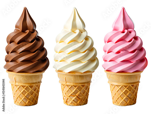 Three soft serve ice cream cones close up shot on transparent background , no background 
