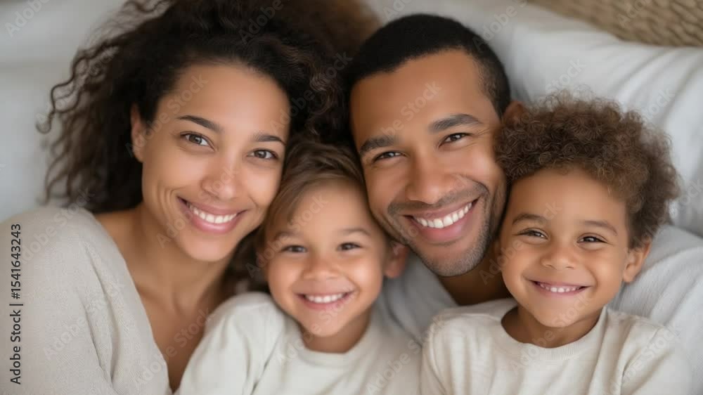 Happy Mixed-Race Family Portrait on Bed in Warm Light Happy Mixed-Race Family Portrait on Bed in Warm Light