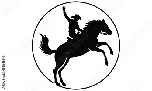 Silhouette of cowboy riding bucking bronco in oval frame