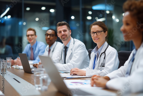 A diverse team of doctors at a meeting table in a hospital conference room.