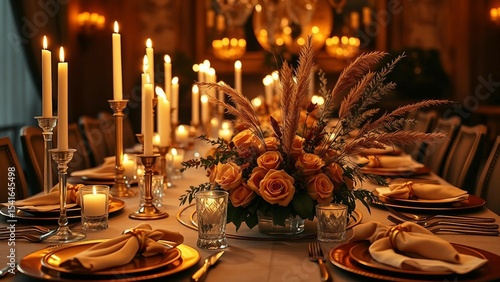 Romantic candlelit dinner setup featuring a floral centerpiece, soft lighting, and a luxurious atmosphere, perfect for weddings, celebrations, or special events in a cozy, warm environment.

