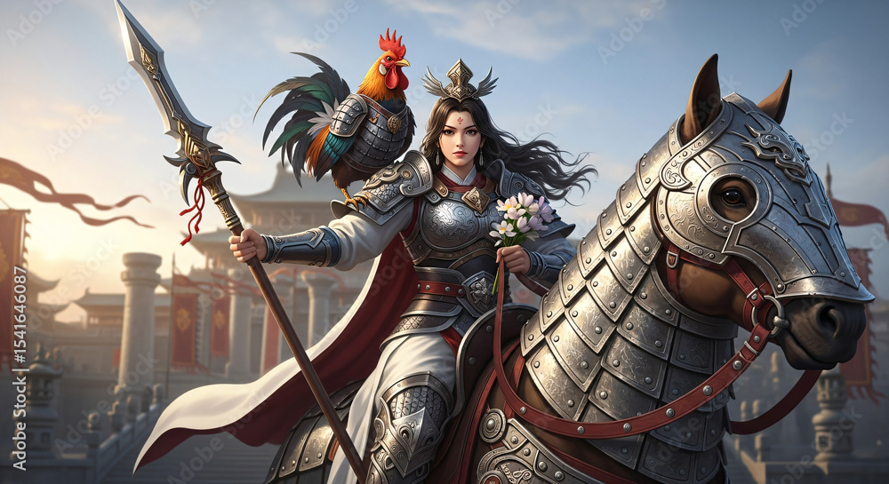 Naklejka premium majestic female war general riding a heavily armoured warhorse, facing directly toward the camera. She has long dark wavy hair, fair skin, and delicate facial features similar to a young Asian woman 