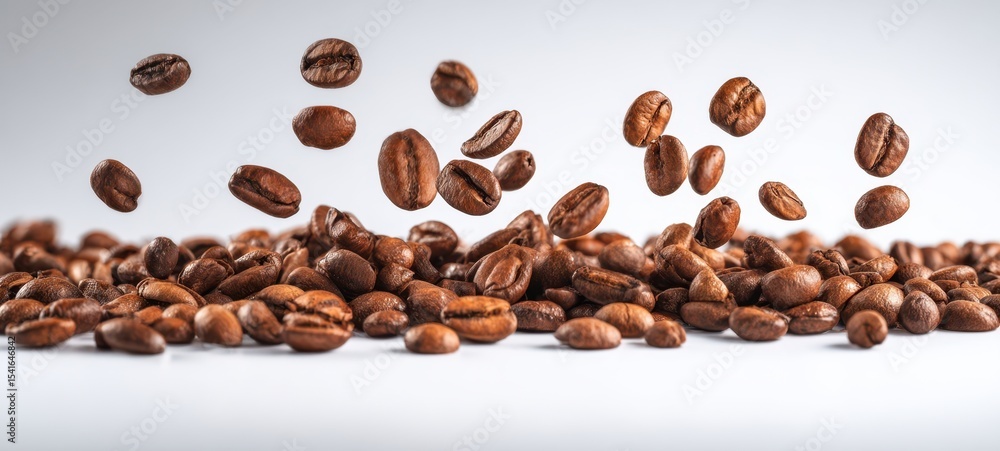 Obraz premium The airborne coffee beans create a stunning visual in mid-air display.
