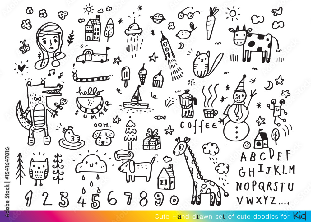 Obraz premium Collection of hand drawn cute doodles,Doodle children drawing,Sketch set of drawings in child style,Funny Doodle Hand Drawn,Page for coloring, cute animal hand drawn, cute Doodle