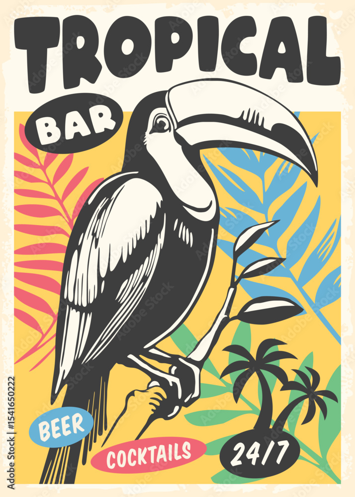 Obraz premium Tropical bar poster design with toucan graphic and jungle plants silhouettes. Summer vacation and travel vector illustration.
