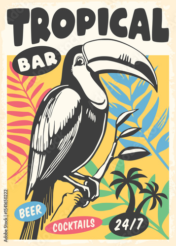 Tropical bar poster design with toucan graphic and jungle plants silhouettes. Summer vacation and travel vector illustration.