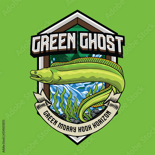 Green moray Eel in Emblem Cartoon Illustration