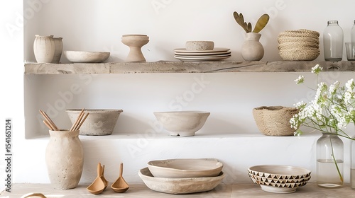 Rustic shelving unit showcasing various ceramic and woven pieces.