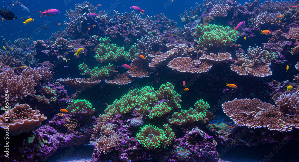 Fototapeta premium An underwater scene showcasing a vibrant coral reef glowing with bioluminescent hues of green and purple. 