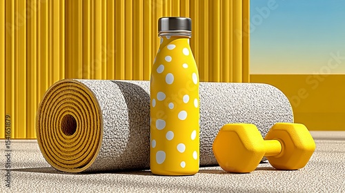 Sport items set yoga mat and dumbbell on pastel yellow background Fitness concept in monocolor 3D illustration with clean minimal style