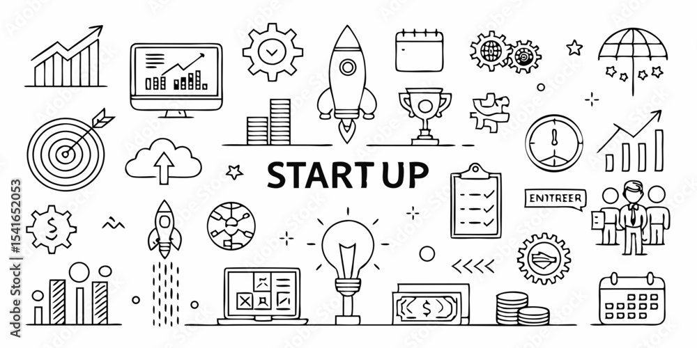 set of hand drawn illustrations of startup set of hand drawn illustrations of startup