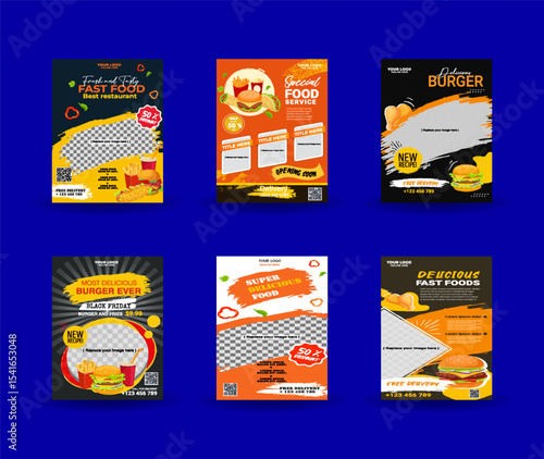 Modern Fast Food Restaurant Flyer Design Template for Burger, Pizza, Fried Chicken, and Combo Meal Promotions with Bold Typography and Vibrant Color Scheme for Print and Social Media Marketing