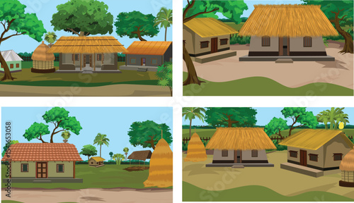 Vector Cartoon Indian Village Houses Set with Thatched Roofs | Traditional Rural Countryside Scene for Kids Animation, Farming Culture, Storyboard & Educational Background Illustration

