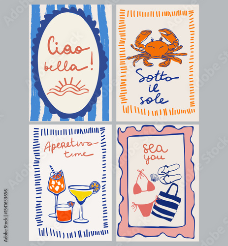 Set of hand drawn vintage posters in dolce vita style. Contemporary art vector illustrations. Vintage vector print. Print for t-shirt. Trendy minimalist posters. Coctail party. Printable.	
