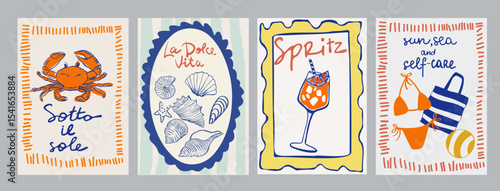 Set of hand drawn vintage posters in dolce vita style. Contemporary art vector illustrations. Vintage vector print. Print for t-shirt. Trendy minimalist posters. Coctail party. Printable.	

