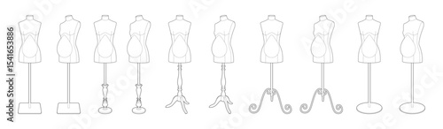 Vector illustration of five different dressmaker mannequins on various stands. Line art style. Isolated on white background. Horizontal orientation. Ideal for fashion or tailoring design.
