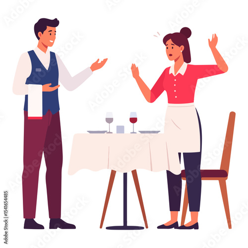 Restaurant scene waiter gesturing waitress reacting near a table set with plates  wine glasses next to a chair