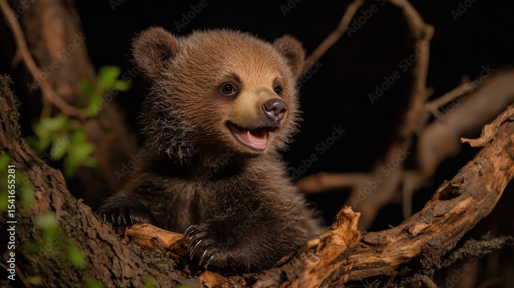 Fototapeta premium Playful Bear Cub in Tree at Night