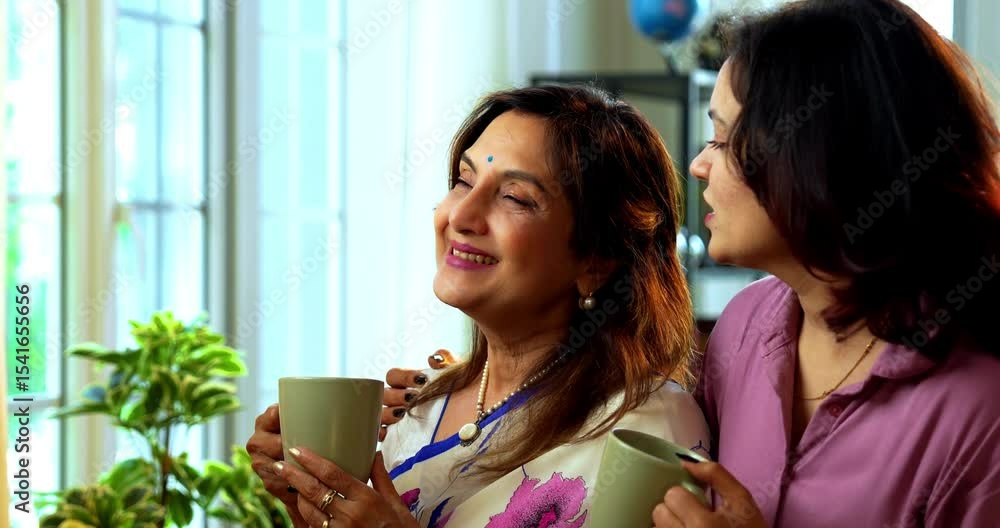 Mother daughter having morning coffee together near window, Indian asian old mom in saree and young daughter standing in modern home enjoying hot drink while watching nature view and bonding happily