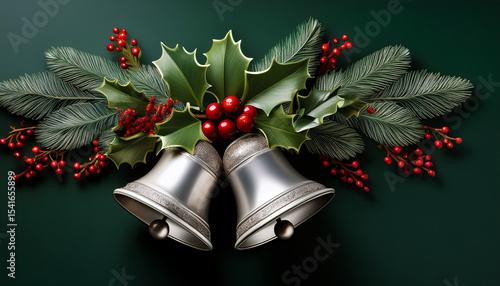 silver christmas bells with holly and berries on a dark green background